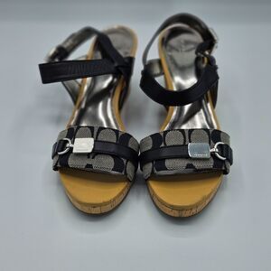 Coach Black Signature Jacquard Cork Wedge‎ Sandals Women’s Size 9B Buckle Strap